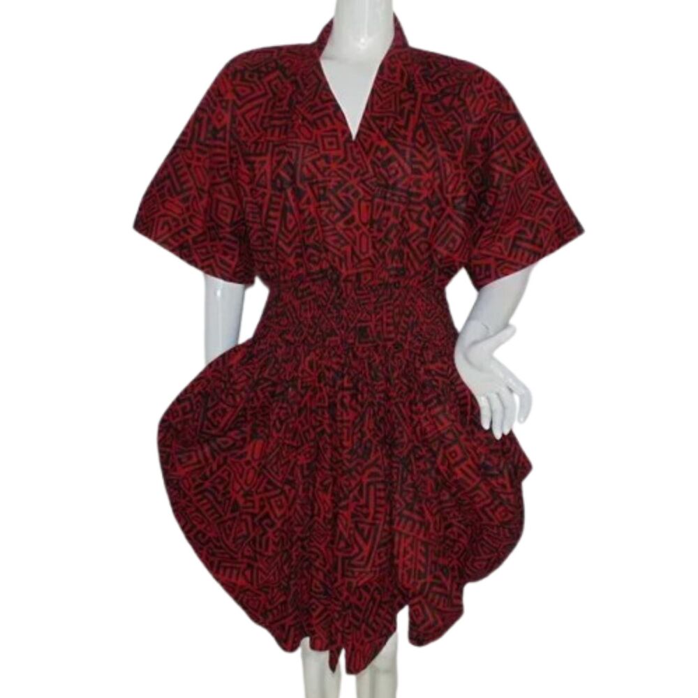 Avant Garde Dress, L, Red/Black Print, Poofy Skirt, Smocked waist, Short sleeve